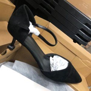 Ownmeen Womens Pointed Toe Pumps Ankle Strap Buckle Closure D'Orsay Flared Heel